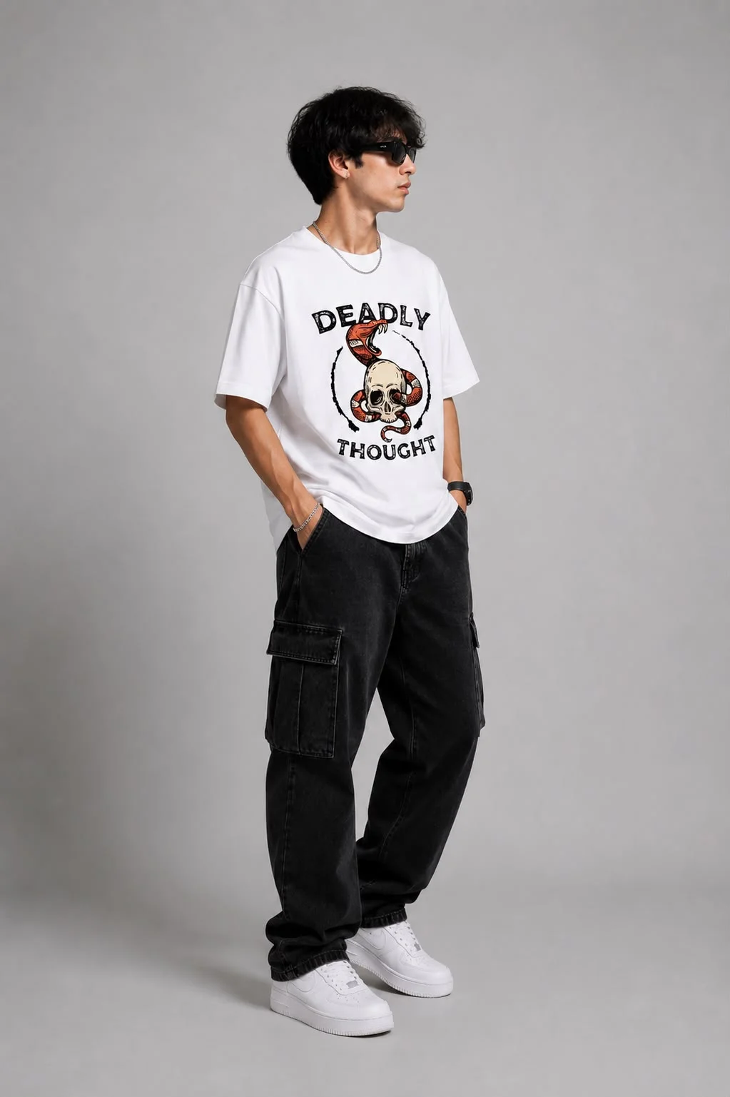 Men's White Oversized Cotton T-Shirt with "Deadly Thought" Skull and Snake Graphic Print White XL image 1