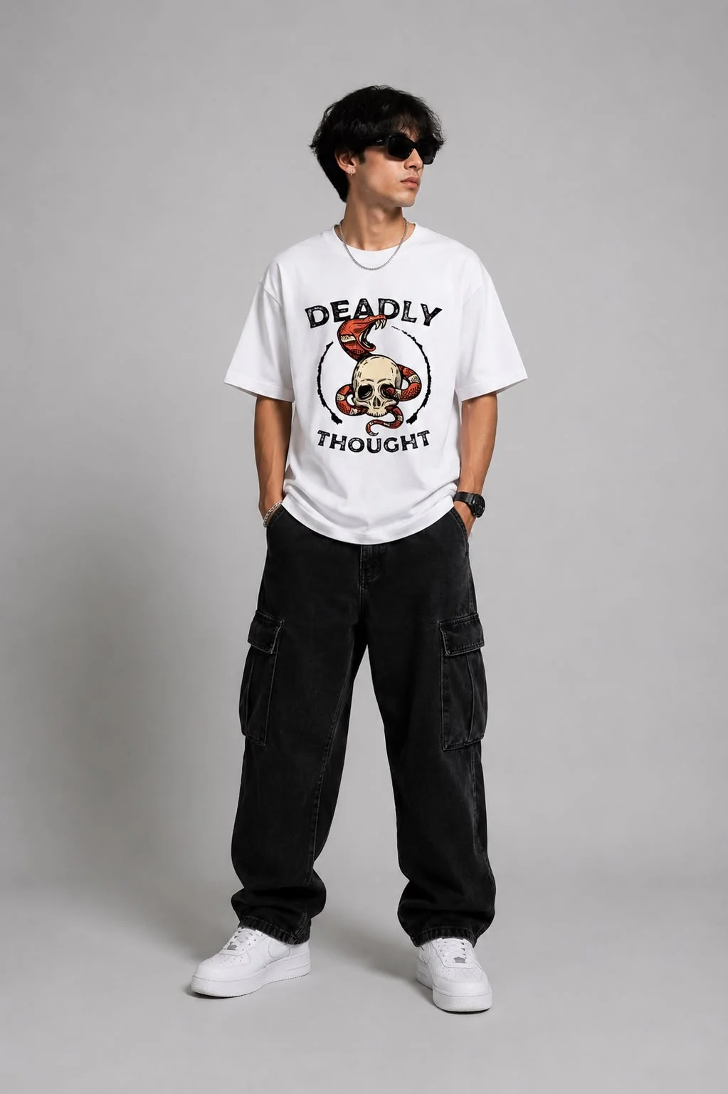Men's White Oversized Cotton T-Shirt with "Deadly Thought" Skull and Snake Graphic Print White XL image 2