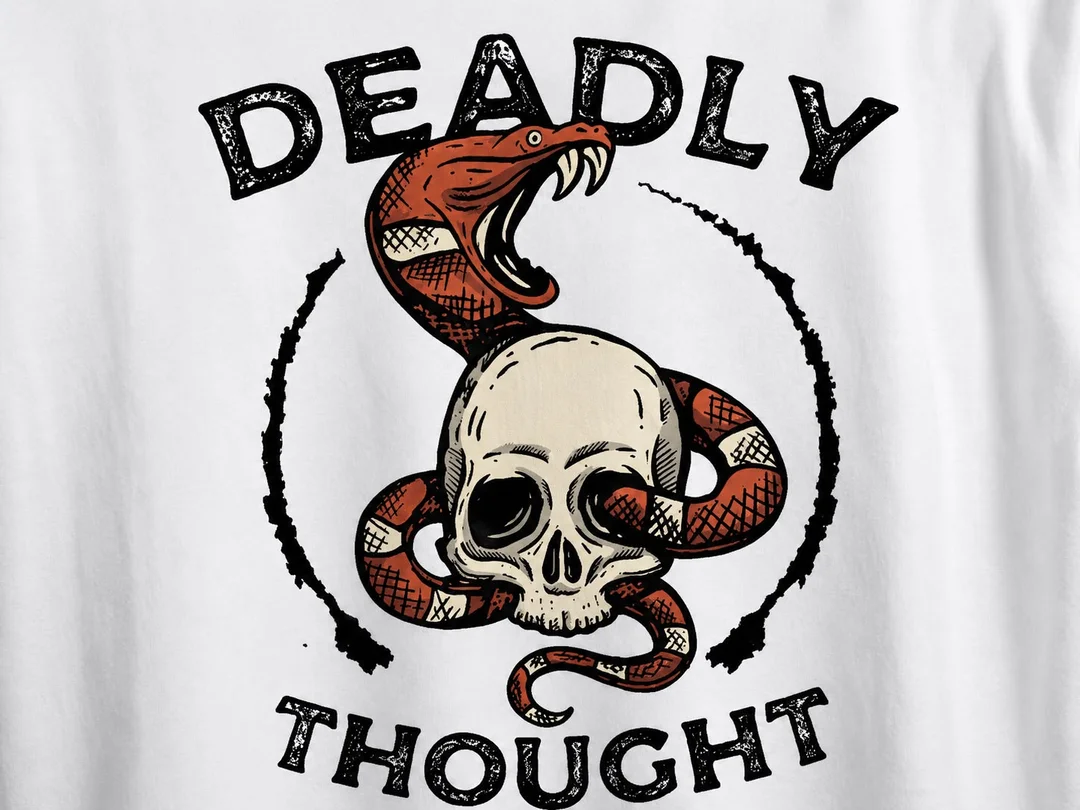 Men's White Oversized Cotton T-Shirt with "Deadly Thought" Skull and Snake Graphic Print White XL image 3