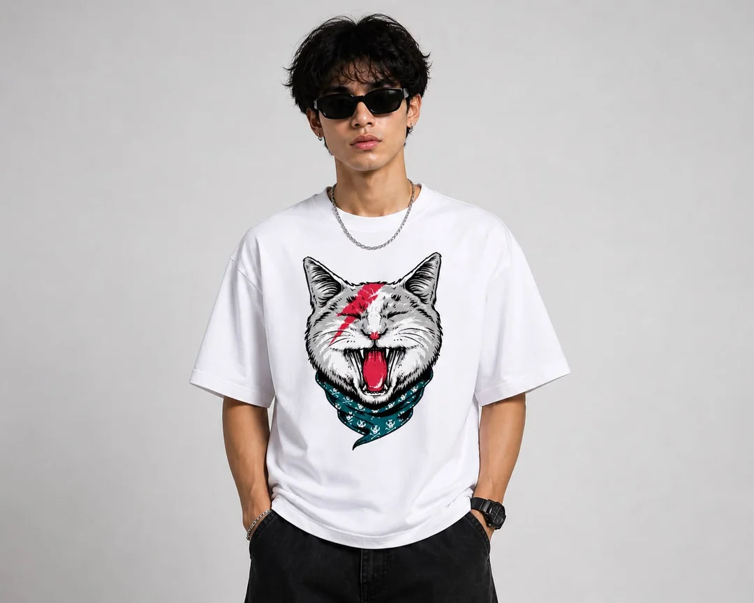 Men's White Oversized Cotton T-Shirt with Bowie Lightning Bolt Punk Cat Graphic Print White XS image 3