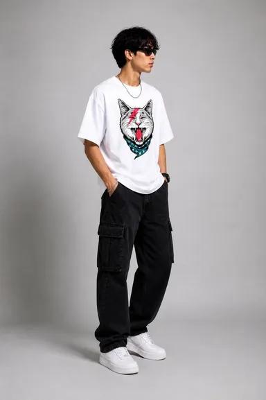 Men's White Oversized Cotton T-Shirt with Bowie Lightning Bolt Punk Cat Graphic Print White S thumbnail 0