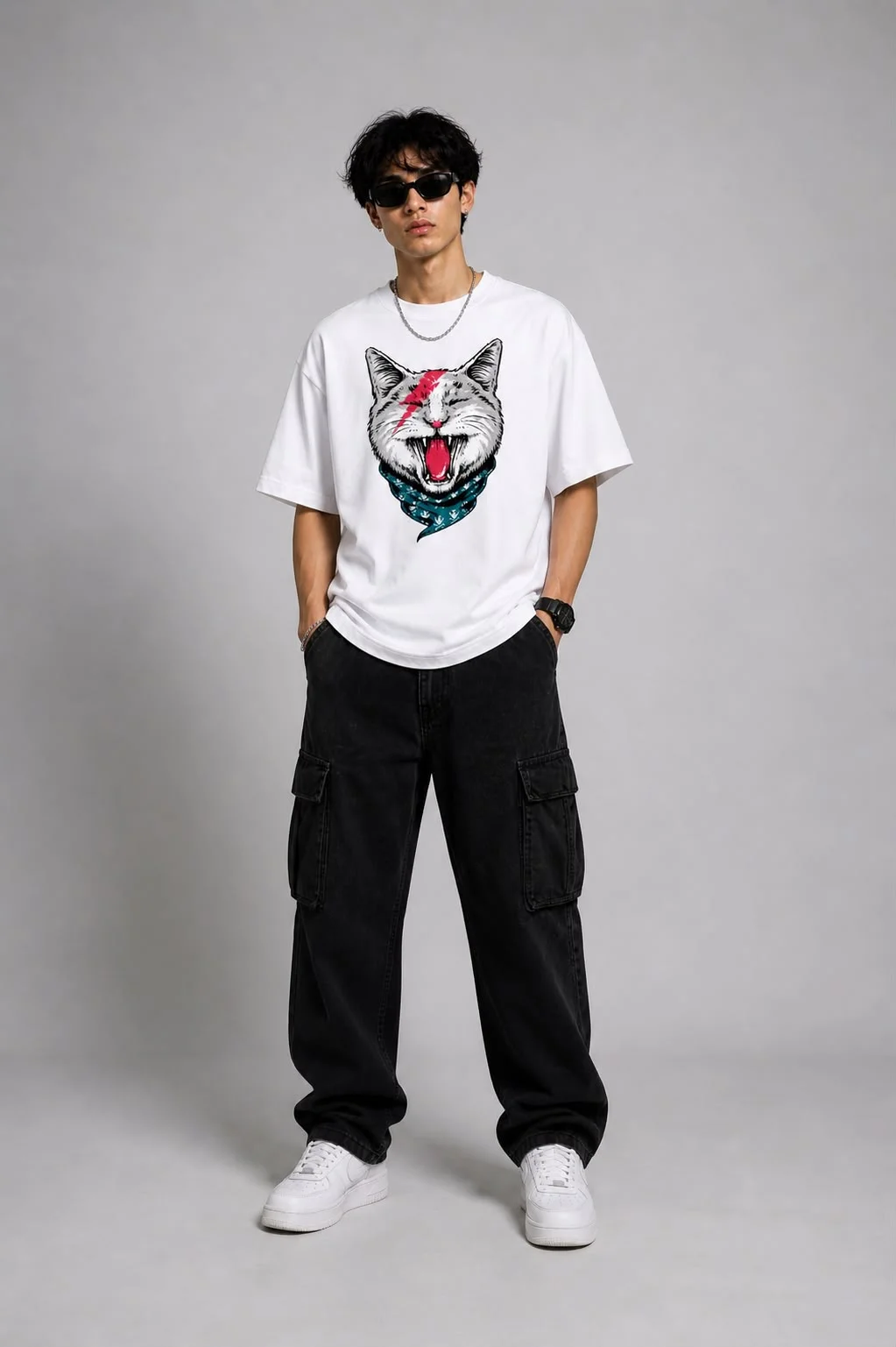 Men's White Oversized Cotton T-Shirt with Bowie Lightning Bolt Punk Cat Graphic Print White S image 2
