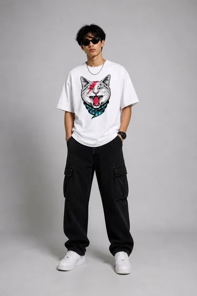 Men's White Oversized Cotton T-Shirt with Bowie Lightning Bolt Punk Cat Graphic Print White S thumbnail 1