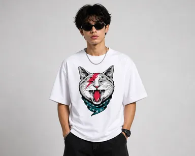 Men's White Oversized Cotton T-Shirt with Bowie Lightning Bolt Punk Cat Graphic Print White XL thumbnail 2