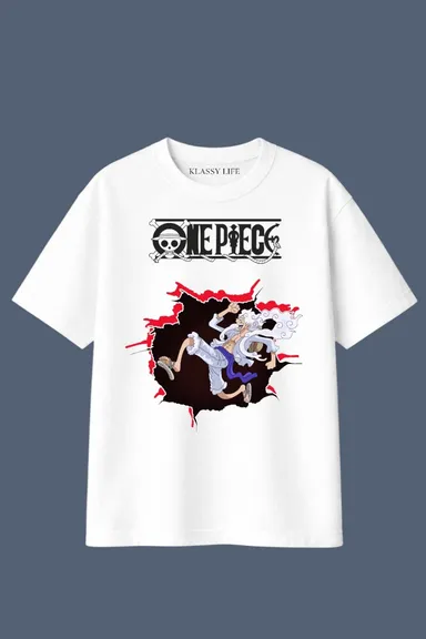 Klassy Life Men's White Oversized Cotton T-Shirt with One Piece Gear 5 Luffy Graphic Print White S thumbnail 0