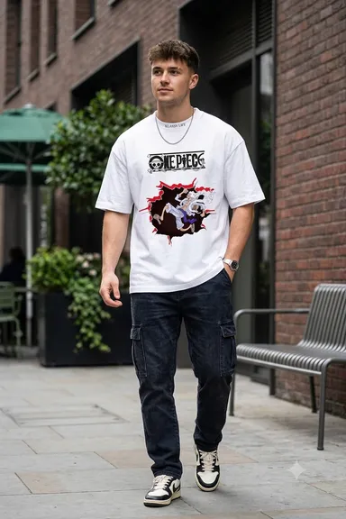 Klassy Life Men's White Oversized Cotton T-Shirt with One Piece Gear 5 Luffy Graphic Print White L thumbnail 1