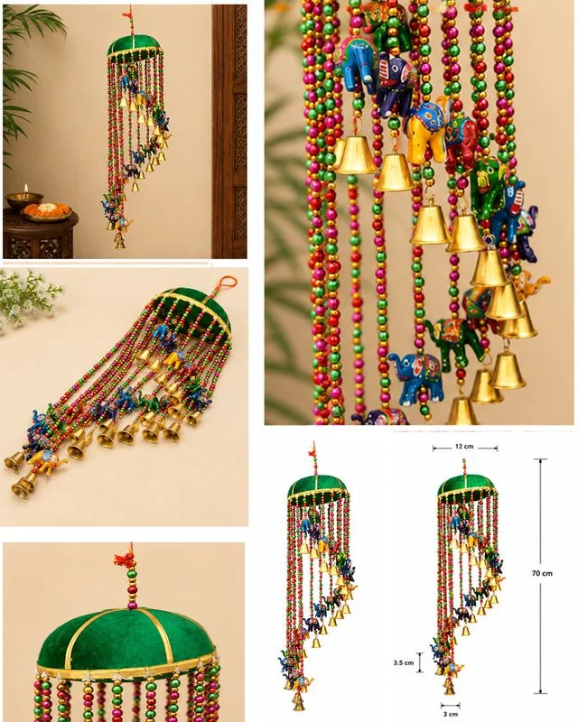 Handcrafted Decorative Hanging Door Toran Featuring Colorful Elephant Figurines and Brass Bells with Beaded Strings image 4