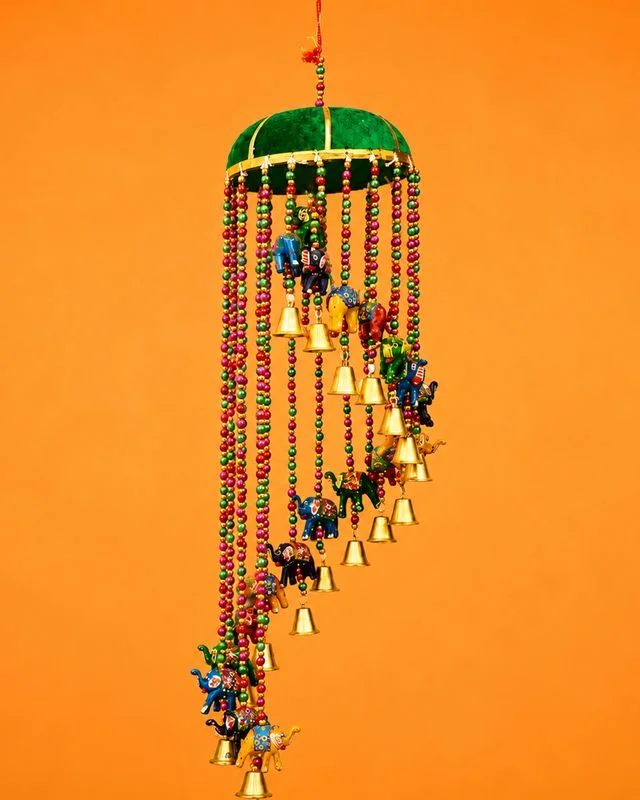 Handcrafted Decorative Hanging Door Toran Featuring Colorful Elephant Figurines and Brass Bells with Beaded Strings image 3