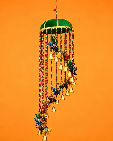 Handcrafted Decorative Hanging Door Toran Featuring Colorful Elephant Figurines and Brass Bells with Beaded Strings thumbnail 2