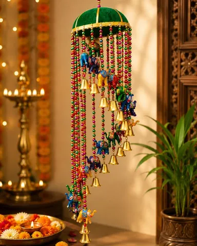 Handcrafted Decorative Hanging Door Toran Featuring Colorful Elephant Figurines and Brass Bells with Beaded Strings thumbnail 1