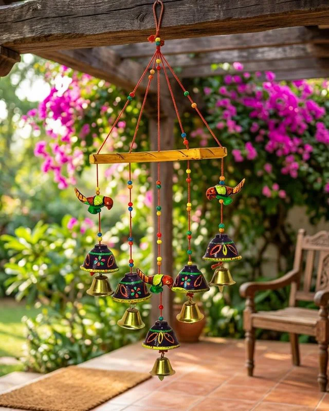 Handcrafted Terracotta Decorative Wall Hanging with Parrot Motifs and Metallic Bells for Home Decor image 4