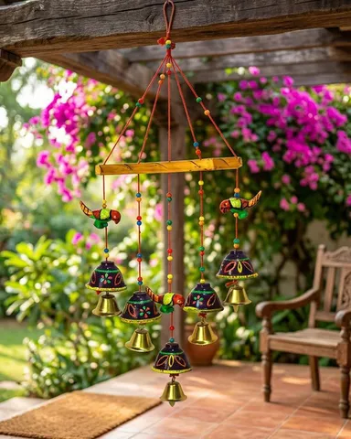 Handcrafted Terracotta Decorative Wall Hanging with Parrot Motifs and Metallic Bells for Home Decor thumbnail 3
