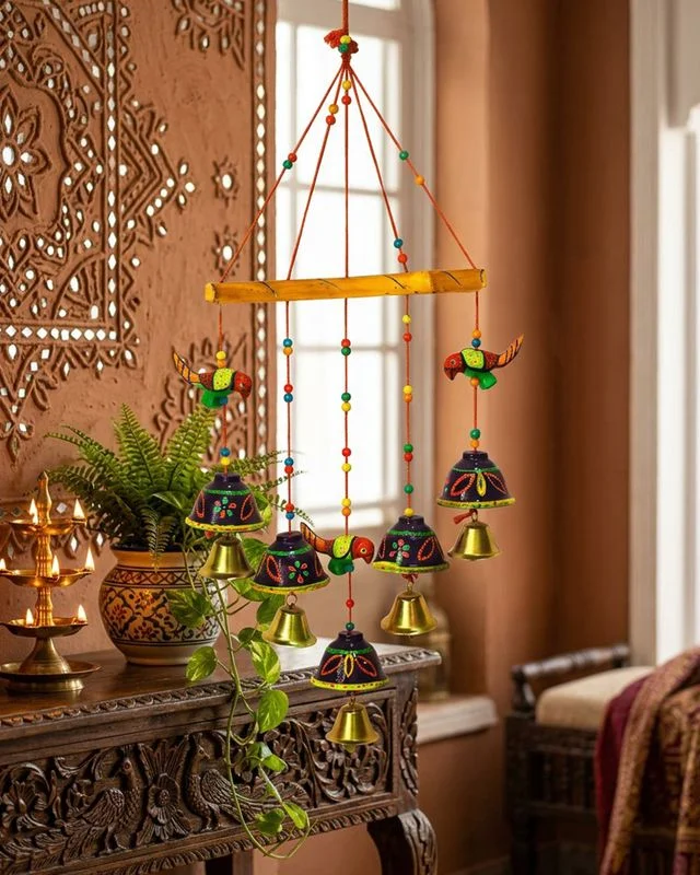 Handcrafted Terracotta Decorative Wall Hanging with Parrot Motifs and Metallic Bells for Home Decor image 3