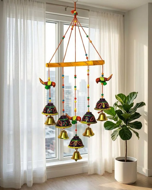 Handcrafted Terracotta Decorative Wall Hanging with Parrot Motifs and Metallic Bells for Home Decor image 2
