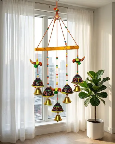 Handcrafted Terracotta Decorative Wall Hanging with Parrot Motifs and Metallic Bells for Home Decor thumbnail 1