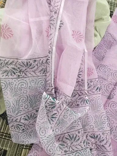 Women's Pastel Pink Block Printed Kota Doria Cotton Blend Unstitched Dress Material with Dupatta Traditional Ethnic Salwar Suit Fabric for Casual Festive Office Wear Light Pink Free Size thumbnail 2