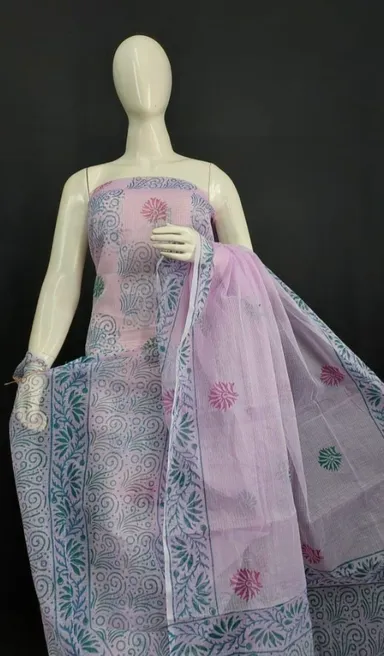 Women's Pastel Pink Block Printed Kota Doria Cotton Blend Unstitched Dress Material with Dupatta Traditional Ethnic Salwar Suit Fabric for Casual Festive Office Wear Light Pink Free Size thumbnail 1