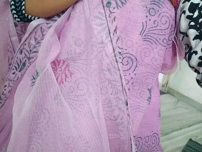 Women's Pastel Pink Block Printed Kota Doria Cotton Blend Unstitched Dress Material with Dupatta Traditional Ethnic Salwar Suit Fabric for Casual Festive Office Wear Light Pink Free Size image 4