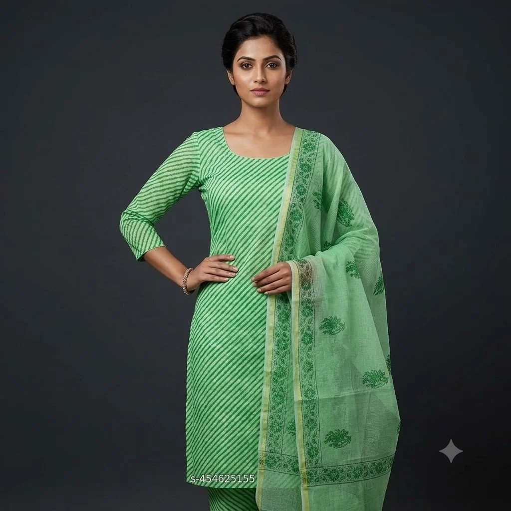 Women's Pastel Pink Block Printed Kota Doria Cotton Blend Unstitched Dress Material with Dupatta Traditional Ethnic Salwar Suit Fabric for Casual Festive Office Wear Orange Free Size image 2