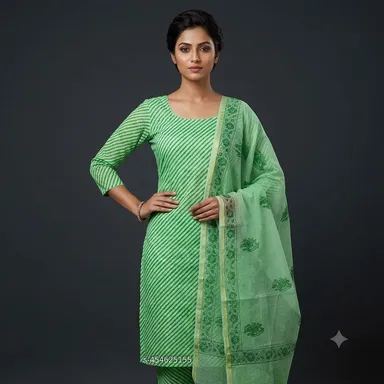Women's Pastel Pink Block Printed Kota Doria Cotton Blend Unstitched Dress Material with Dupatta Traditional Ethnic Salwar Suit Fabric for Casual Festive Office Wear Orange Free Size thumbnail 1