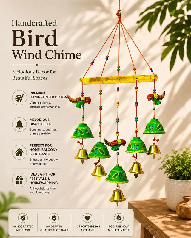 Handcrafted Decorative Wall Hanging with Colorful Parrot Motif and Metallic Hanging Bells for Home Entrance Living Room Bedroom Balcony Traditional Indian Home Decor image 2