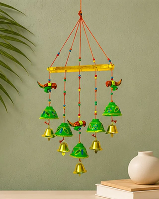 Handcrafted Decorative Wall Hanging with Colorful Parrot Motif and Metallic Hanging Bells for Home Entrance Living Room Bedroom Balcony Traditional Indian Home Decor image 4