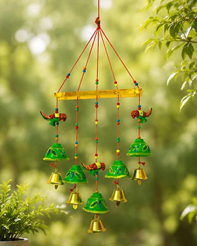Handcrafted Decorative Wall Hanging with Colorful Parrot Motif and Metallic Hanging Bells for Home Entrance Living Room Bedroom Balcony Traditional Indian Home Decor image 3