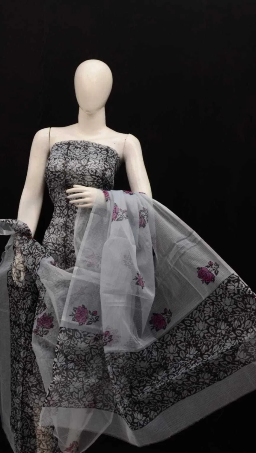 Women's Pastel Pink Block Printed Kota Doria Cotton Blend Unstitched Dress Material with Dupatta Traditional Ethnic Salwar Suit Fabric for Casual Festive Office Wear Dark Grey Free Size image 2