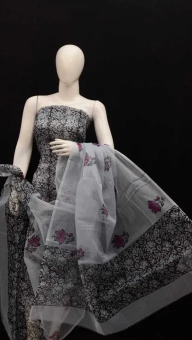 Women's Pastel Pink Block Printed Kota Doria Cotton Blend Unstitched Dress Material with Dupatta Traditional Ethnic Salwar Suit Fabric for Casual Festive Office Wear Dark Grey Free Size thumbnail 1