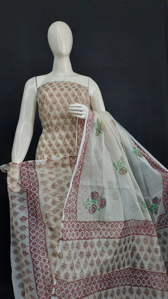 Women's Pastel Pink Block Printed Kota Doria Cotton Blend Unstitched Dress Material with Dupatta Traditional Ethnic Salwar Suit Fabric for Casual Festive Office Wear Light Yellow Free Size image 2