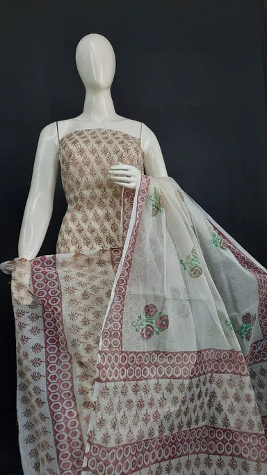 Women's Pastel Pink Block Printed Kota Doria Cotton Blend Unstitched Dress Material with Dupatta Traditional Ethnic Salwar Suit Fabric for Casual Festive Office Wear Light Yellow Free Size thumbnail 1