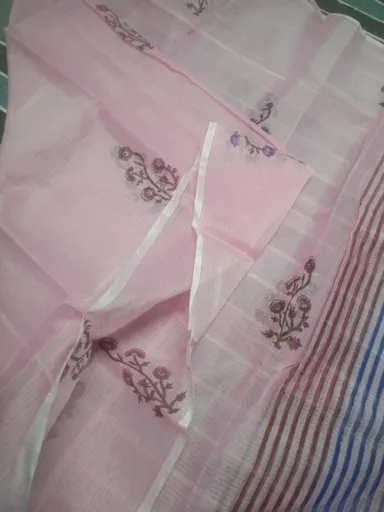 Women's Pastel Pink Block Printed Kota Doria Cotton Blend Unstitched Dress Material with Dupatta Traditional Ethnic Salwar Suit Fabric for Casual Festive Office Wear Pink Free Size thumbnail 2