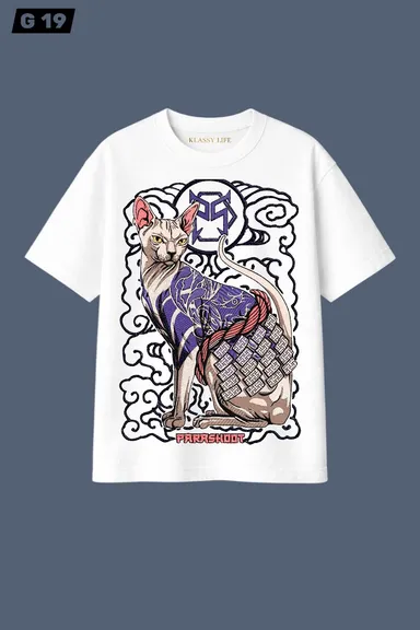 Klassy Life Men's White Oversized Cotton T-Shirt with Japanese Irezumi Tattoo Sphynx Cat Graphic Print Klassy Life Men's White M thumbnail 0