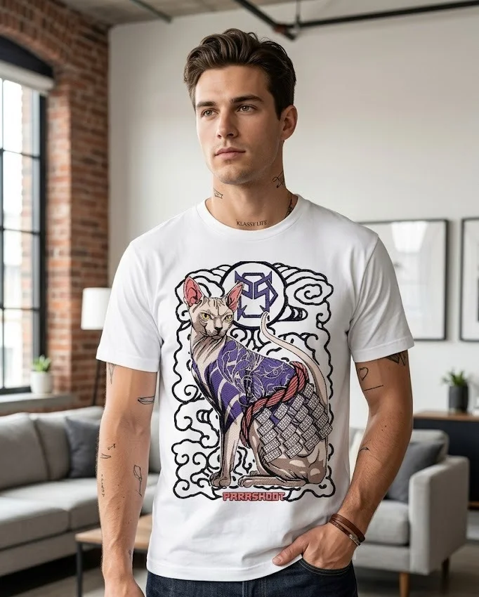 Klassy Life Men's White Oversized Cotton T-Shirt with Japanese Irezumi Tattoo Sphynx Cat Graphic Print Klassy Life Men's White M image 2