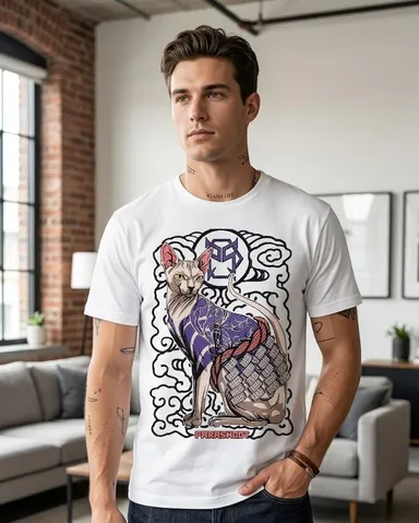 Klassy Life Men's White Oversized Cotton T-Shirt with Japanese Irezumi Tattoo Sphynx Cat Graphic Print Klassy Life Men's White L thumbnail 1