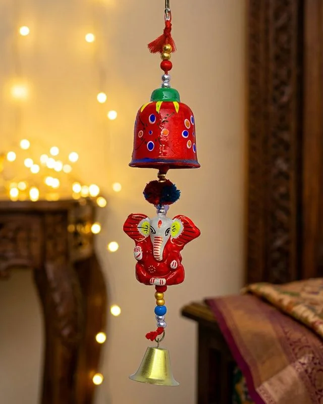 Handcrafted Terracotta Ganesha Wall Hanging with Decorative Red Bells and Beads for Home Entrance, Living Room, Pooja Room, Office Decor and Festive Gift image 3