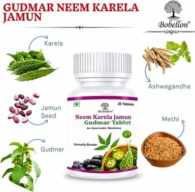 Gudmar Neem Karela Jamun Methi Dana Shilajit Tablets for Skin Care & Blood Purifier Herbal Supplement 30 Tablets thumbnail 3