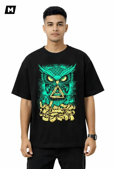 Mystic Owl with All-Seeing Eye Triangle Graphic Print Premium Oversized Cotton T-Shirt for Men Black XS thumbnail 0