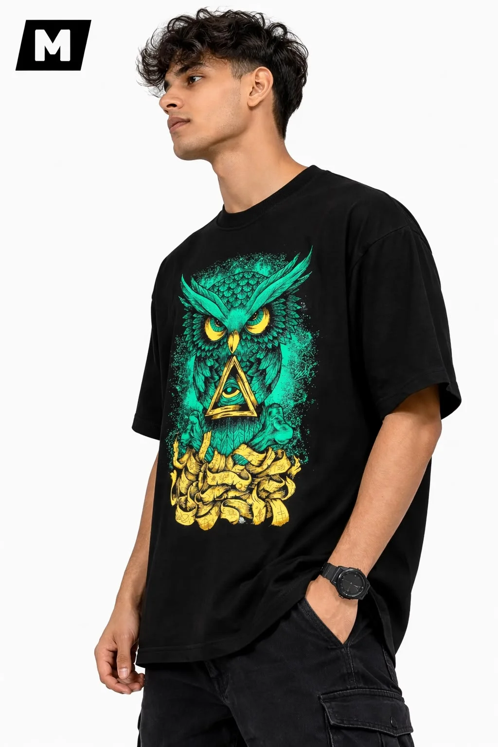 Mystic Owl with All-Seeing Eye Triangle Graphic Print Premium Oversized Cotton T-Shirt for Men Black M image 2
