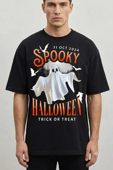 Black Halloween Ghost Graphic Cotton T-Shirt | Spooky Trick or Treat Print | Premium Round Neck Half Sleeve Unisex Casual Tee Black M thumbnail 0