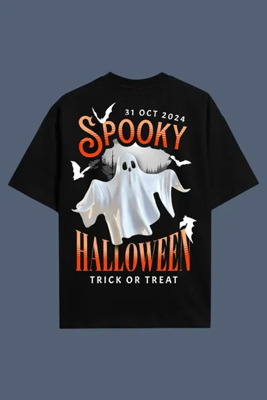Black Halloween Ghost Graphic Cotton T-Shirt | Spooky Trick or Treat Print | Premium Round Neck Half Sleeve Unisex Casual Tee Black XL thumbnail 1