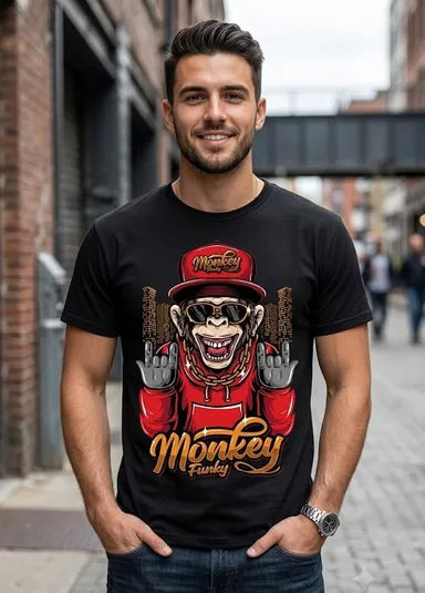 Men's Oversized Monkey Funky Graphic Printed Cotton T-Shirt | Hip Hop Streetwear Round Neck Half Sleeve Casual Black Tee Black L thumbnail 1