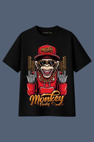 Men's Oversized Monkey Funky Graphic Printed Cotton T-Shirt | Hip Hop Streetwear Round Neck Half Sleeve Casual Black Tee Black XL thumbnail 0