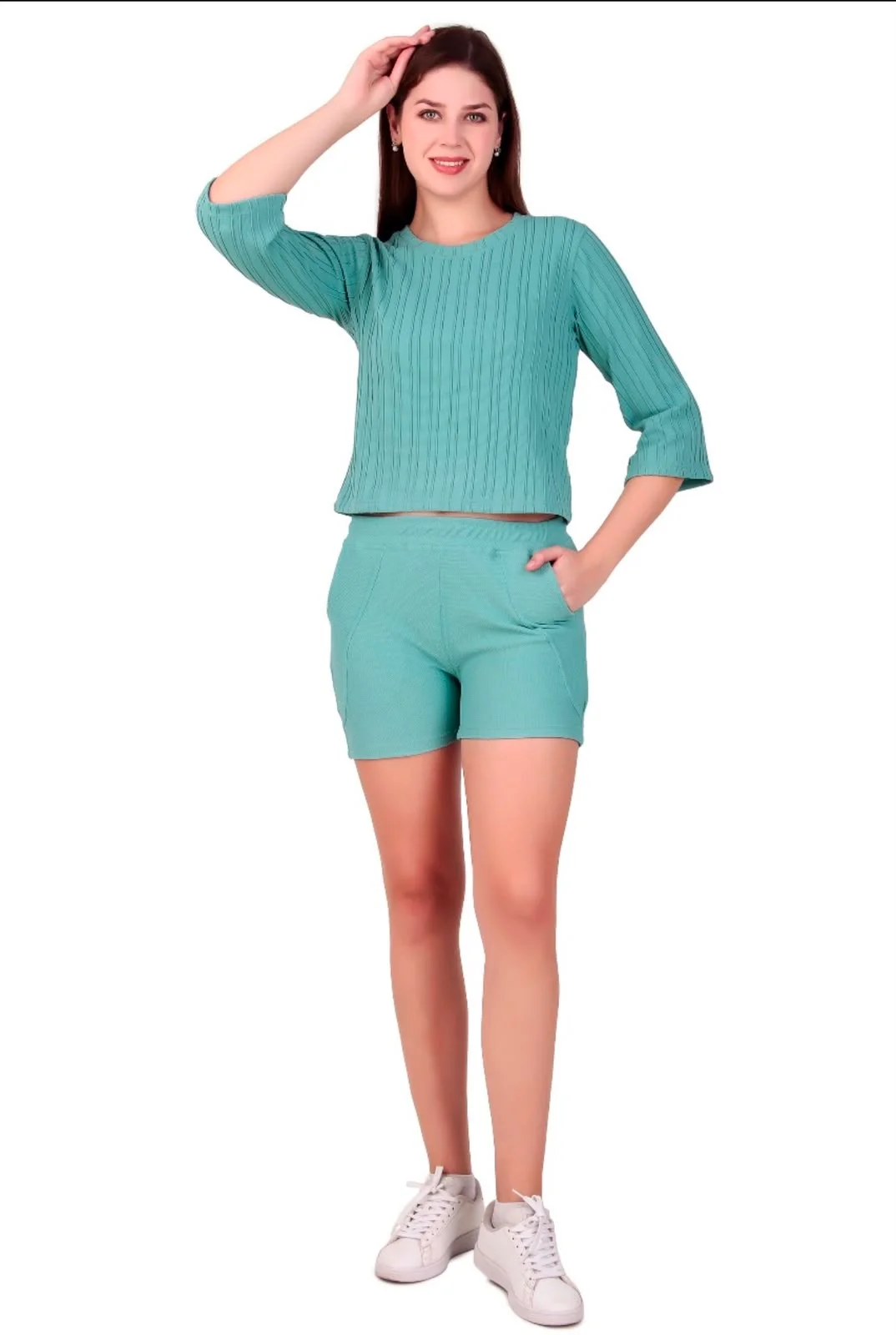 Women's Premium Ribbed Knit Co-Ord Set with 3/4 Sleeve Crop Top and High-Waist Stretch Shorts | Soft Breathable Casual Summer Lounge Wear Mint Green M image 3
