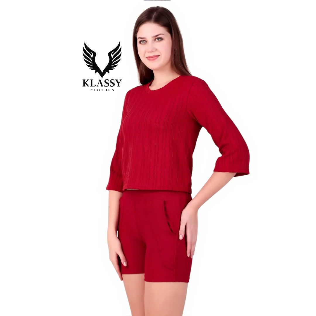 Women's Premium Maroon Ribbed Knit Co-Ord Set with 3/4 Sleeve Crop Top & High-Waist Shorts | Soft Stretch Casual Lounge Wear for Summer, Travel & Daily Fashion Elegant Maroon S image 3