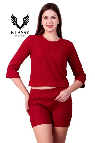Women's Premium Maroon Ribbed Knit Co-Ord Set with 3/4 Sleeve Crop Top & High-Waist Shorts | Soft Stretch Casual Lounge Wear for Summer, Travel & Daily Fashion Elegant Maroon L thumbnail 1