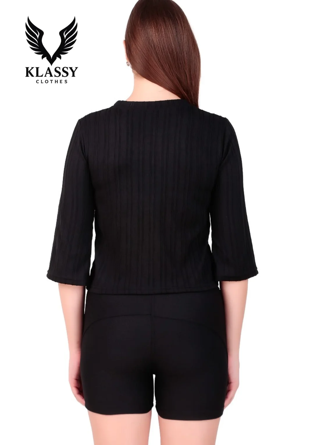 Women's Premium Black Ribbed Knit Co-Ord Set with 3/4 Sleeve Crop Top and High-Waist Stretch Shorts | Soft Breathable Casual Summer Lounge Wear | Elegant Two-Piece Outfit for Daily Wear, Travel & Vacation Black M image 2