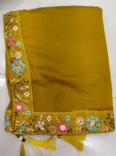 Premium Women's Mustard Yellow Soft Chiffon Saree with Multicolor Floral Embroidered Border | Designer Festive, Wedding & Party Wear Saree with Unstitched Blouse Piece Mustard Yellow Free Size thumbnail 1