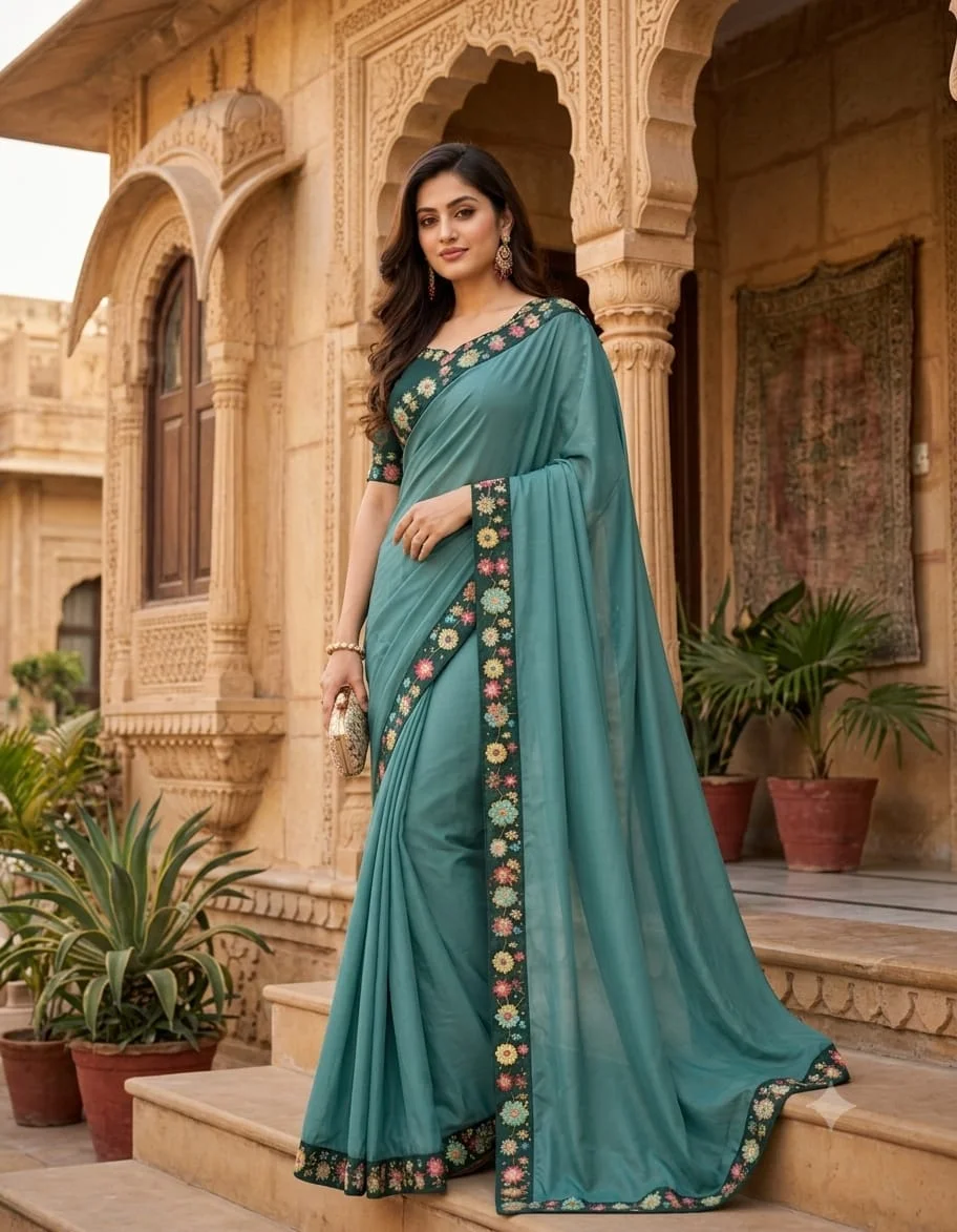 Premium Women's Teal Blue Soft Chiffon Saree with Multicolor Floral Embroidered Border | Designer Festive, Wedding & Party Wear Saree with Unstitched Blouse Piece Teal Blue Free Size image 2