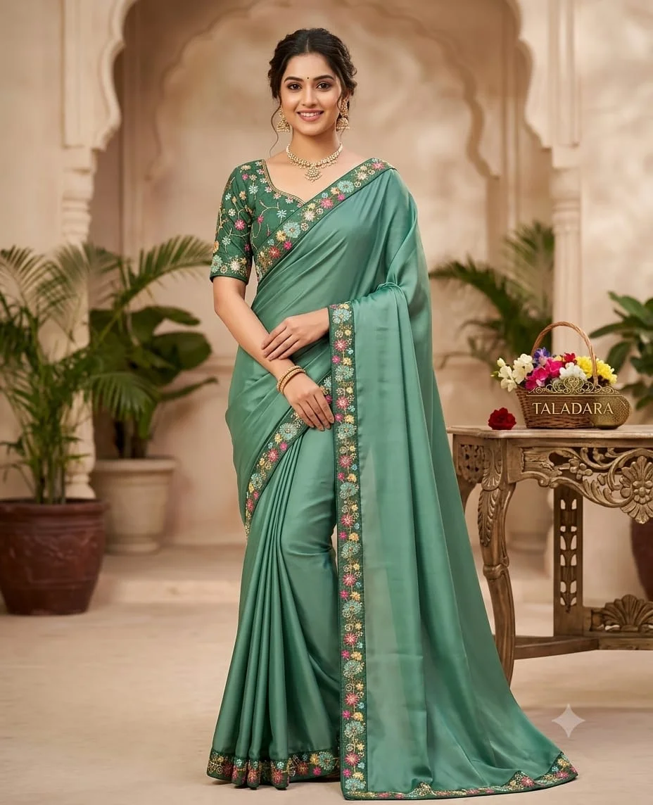 Women's Premium Sea Green Soft Chiffon Saree with Multicolor Floral Embroidered Border & Designer Embroidered Blouse | Festive, Wedding & Party Wear Ethnic Saree Sea Green Free Size image 2
